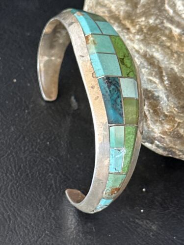Native American Men's Blue Green Turquoise Inlay Bracelet | Sterling Silver | 14302 - Masha USA