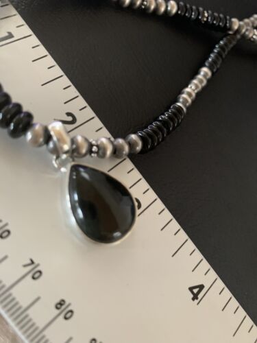 Native American Men's Navajo Pearl Necklace Pendant | Sterling Silver Black Onyx | 11908