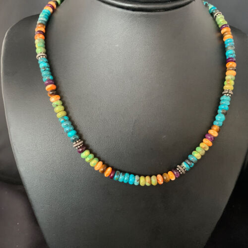 Navajo Blue Turquoise & Orange Spiny Oyster Necklace | Sterling Silver | 18" | 13433
