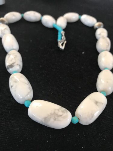 Navajo White Howlite Turquoise Beads Necklace | Sterling Silver | 22" | Authentic Native American Handmade | 10241