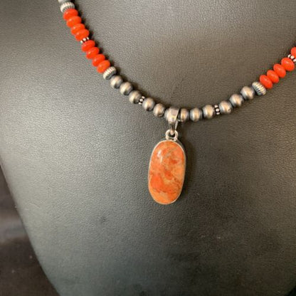 Navajo Red Apple Coral Necklace Pendant Naja | Sterling Silver | Authentic Native American Handmade | 13932