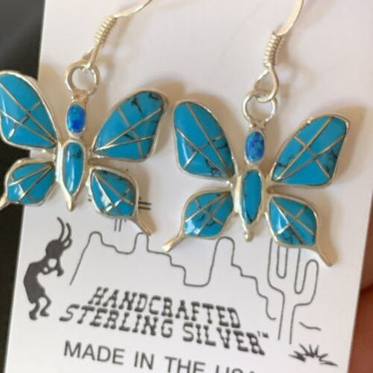 Navajo Blue Turquoise Inlay Butterfly Earrings | Sterling Silver | 0.5" | 12013 - Masha USA