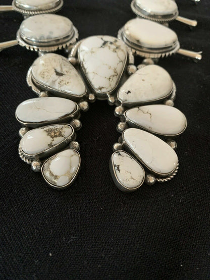 Navajo White Buffalo Turquoise Naja Pendant | Sterling Silver Squash Blossom Necklace | 21" | 00629 - Masha USA