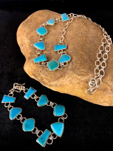 Navajo Sterling Silver Inlay Blue Turquoise Necklace & Bracelet Set | Old Pawn Jewelry | Authentic Native American Handmade | 8741