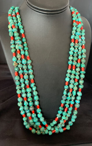 Native American Santo Domingo Blue Turquoise Coral Nugget Bead Necklace | 34" | 13183