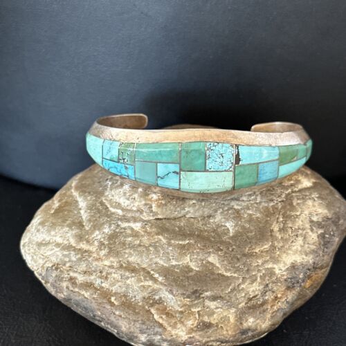 Native American Men's Blue Green Turquoise Inlay Bracelet | Sterling Silver | 14529