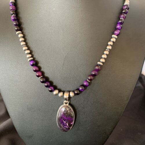 Navajo Pearls Purple Sugilite Onyx Necklace Pendant | Sterling Silver | Authentic Native American Handmade | 13392