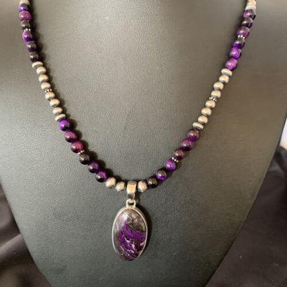Navajo Pearls Purple Sugilite Onyx Necklace Pendant | Sterling Silver | Authentic Native American Handmade | 13392