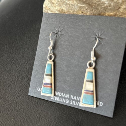 Navajo Multi-Color Turquoise Mother of Pearl Inlay Earrings | Sterling Silver | Authentic Native American Handmade | 14655