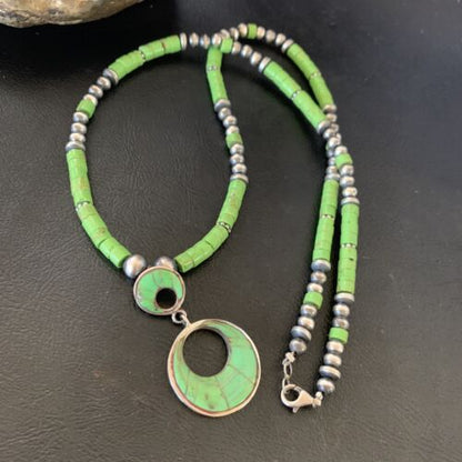 Navajo Green Gaspeite Turquoise Inlay Pendant | Sterling Silver | Authentic Native American Handmade | 12285