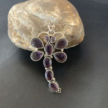 Large Dragonfly Pendant 3"| Faceted Amethyst Gems Cluster | Multi-Stone Sterling Silver| 12737