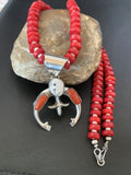 Navajo White Buffalo Turquoise Coral Naja Pendant | Sterling Silver | Authentic Native American Handmade | 10519