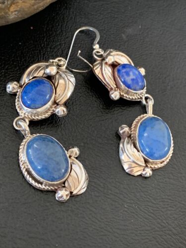 Native American Navajo Denim Lapis Dangle Earrings | Sterling Silver | 2" | 01866