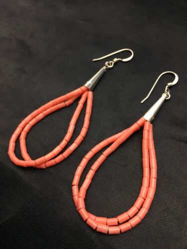 Navajo Pink Coral Heishi Dangle Earrings | Liquid Sterling Silver | 2 Strand | Authentic Native American | 4398