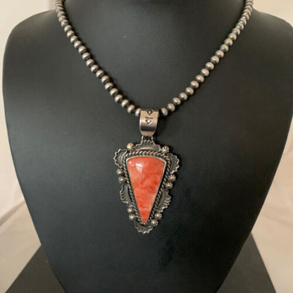 Navajo Red Spiny Oyster Pendant with Sterling Silver Pearls Necklace | Authentic Native American Handmade | 01657