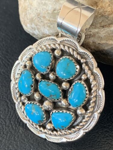 Navajo Blue Kingman Turquoise Cluster Pendant | Authentic Native American Sterling Silver | Multi-Stone | 2" | 02095