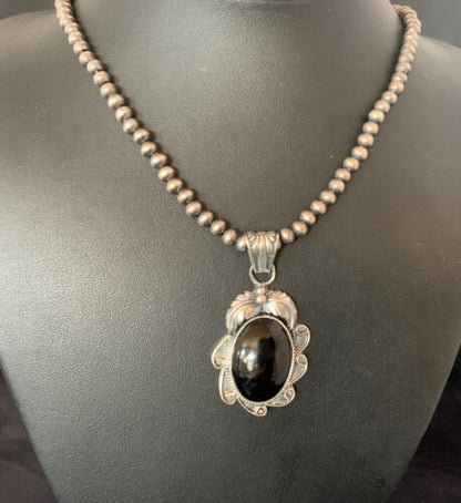 Native American Men's Navajo Pearls Necklace with Black Onyx Pendant | Sterling Silver | 13089