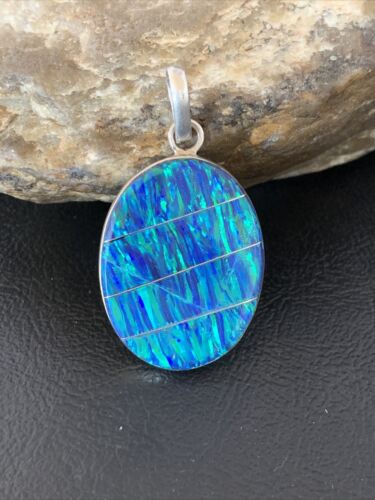 Authentic Native American Navajo Sterling Silver Blue Opal Inlay Pendant | Handmade Jewelry | 13136