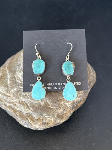 Kingman Turquoise Dangle Earrings | Navajo Handmade | Sterling Silver | Authentic Native American | 14579