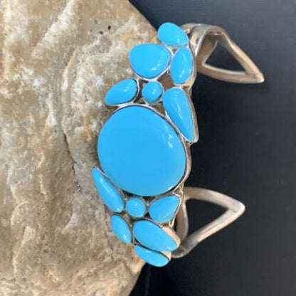 Navajo Sterling Silver Blue Kingman Turquoise Cuff Bracelet | 13 Stone | Authentic Native American Handmade | 12692