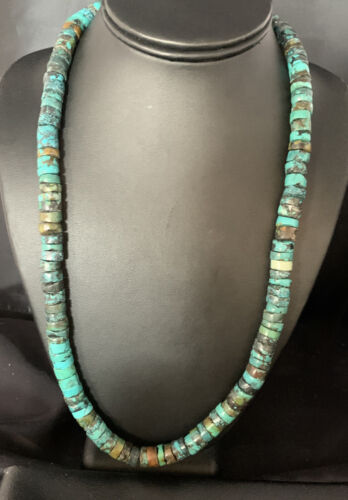 Native American Blue Turquoise Heishi Necklace | 12mm | 21" | Sterling Silver | 13473