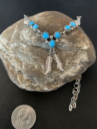 Old Pawn Navajo Blue Kingman Turquoise Necklace | Sterling Silver | 16" Chain | Authentic Native American Handmade | 1184