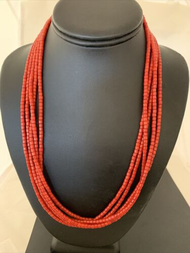 Southwestern Navajo 5-Strand Red Coral Bead Necklace | Sterling Silver | Authentic Native American Handmade | 01954