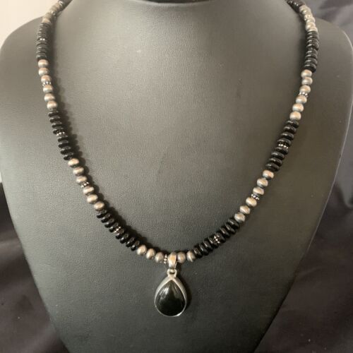 Native American Men's Navajo Pearl Necklace Pendant | Sterling Silver Black Onyx | 11907
