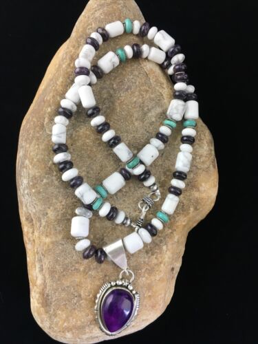 Navajo Purple Sugilite Turquoise Bead Necklace | Sterling Silver | 22" | Authentic Native American Handmade | 10029