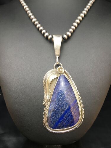 Men's Sterling Silver Navajo Pearls Necklace with Denim Lapis Pendant | Authentic Native American Handmade | 1006