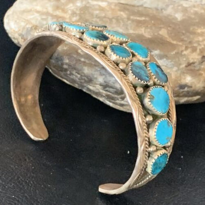 Navajo Blue Kingman Turquoise Cuff Bracelet | 2 Row | 16 Stone | Sterling Silver | Authentic Native American Handmade | 12691