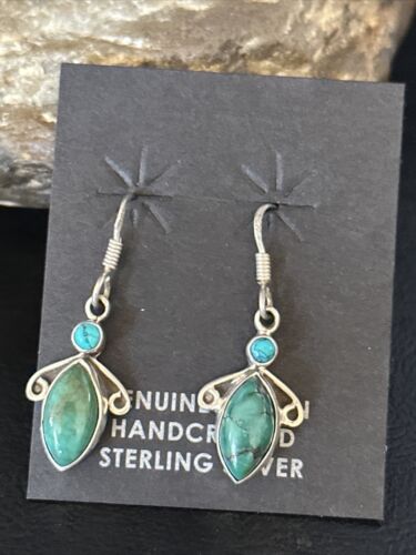 Navajo Blue Turquoise Dangle Earrings | Sterling Silver | 1" | Authentic Native American Handmade | 14773