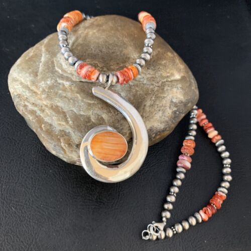 US Navajo Sterling Silver Orange Spiny Oyster Necklace Pendant Native 13651