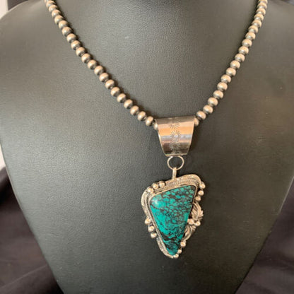 Men's Navajo Blue Spiderweb Turquoise Pendant Necklace | Sterling Silver | Authentic Native American Handmade | 10662