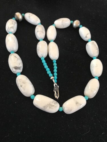 Navajo White Howlite Turquoise Beads Necklace | Sterling Silver | 22" | Authentic Native American Handmade | 10241