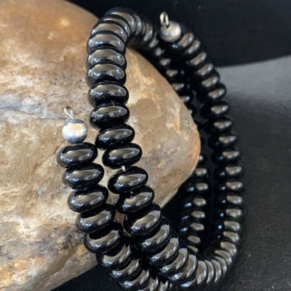 Memory Wire Stainless Steel Black Onyx Bead Bracelet | Sterling Silver | Native American Handmade | 01958