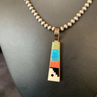 Navajo Old Pawn Mother of Pearl Turquoise Spiny Inlay Pendant Necklace | Sterling Silver | 10698