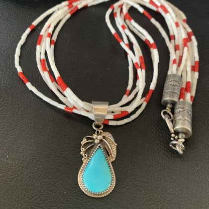 Navajo Red White Coral Turquoise Pendant | Sterling Silver Necklace 18" | Multi-Strand | 12056