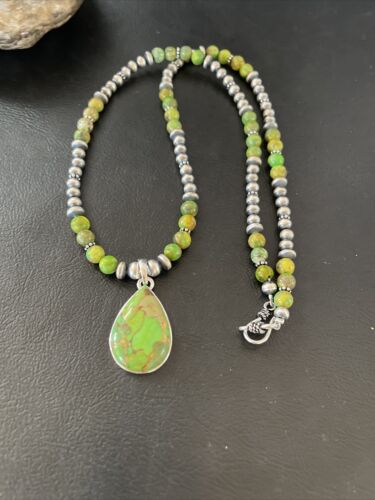 Navajo Pearl Necklace with Green Mojave Turquoise Pendant | Sterling Silver | Authentic Native American Handmade | 10312