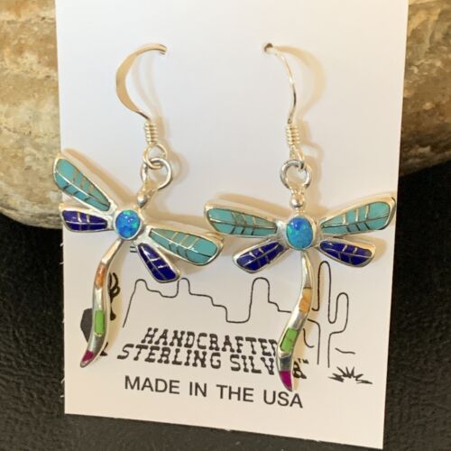 Navajo Dragonfly Turquoise Spiny Opal Inlay Earrings | Sterling Silver | 1" | Authentic Native American Handmade | 12016