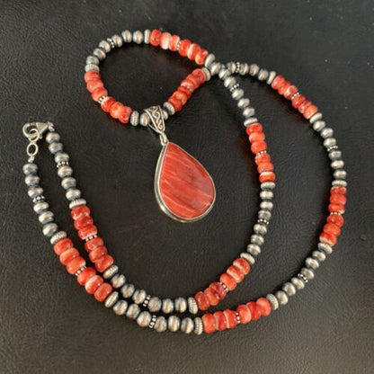 Navajo Red Spiny Oyster Necklace | Sterling Silver Pendant | Men's Women's | Authentic Native American Handmade | 13814
