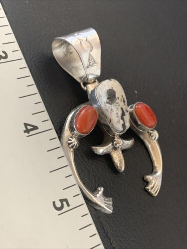 Navajo White Buffalo Turquoise Coral Naja Pendant | Sterling Silver | Authentic Native American Handmade | 11573