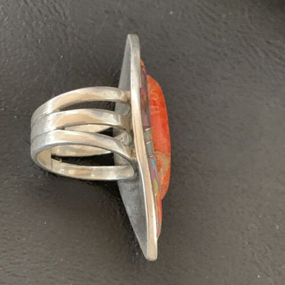Navajo Red Spiny Oyster Opal Inlay Ring | Sterling Silver | Sz 6 | Authentic Native American Handmade | 12842