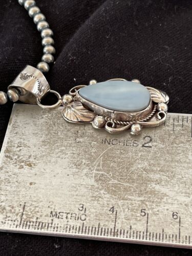 Native American Men's Necklace | Navajo Sterling Silver Beads with Blue Larimar Pendant | 01364