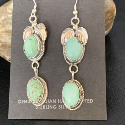 Navajo Green Spiderweb Turquoise Dangle Earrings | Sterling Silver | Authentic Native American Handmade | 13548