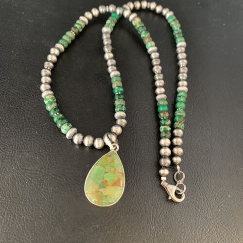 Navajo Pearls Green Mojave Turquoise Pendant Necklace | Sterling Silver | Native American Handmade | 13463