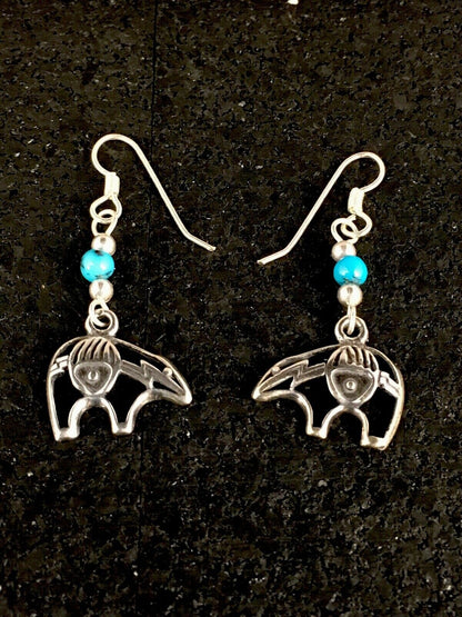 Navajo Sterling Silver Turquoise Bead Dangle Bear Paw Earrings | Authentic Native American Handmade | 8785