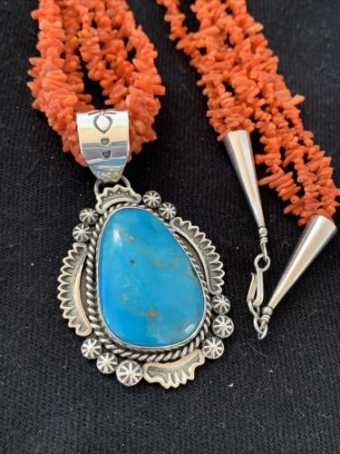 Navajo Sterling Silver Coral Bead Necklace with Turquoise Pendant | Multi-Strand | Authentic Native American Handmade | 767