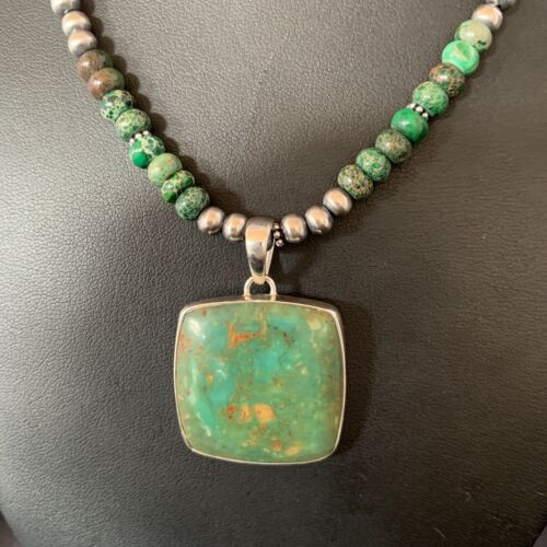 Women's Green Turquoise Pendant Necklace | Navajo Pearls Sterling Bead | Authentic Native American Handmade | 13306