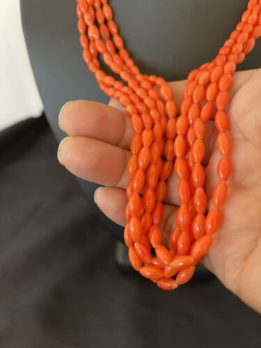 Navajo Orange Coral 5-Strand Necklace | Sterling Silver Barrel Beads | 22" | Authentic Native American Handmade | 10437